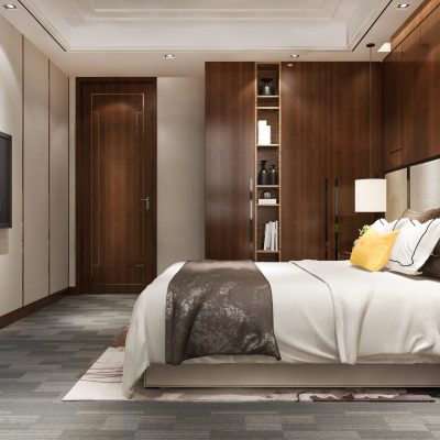3d rendering luxury bedroom suite in hotel with tv and cabinet and wardrobe
